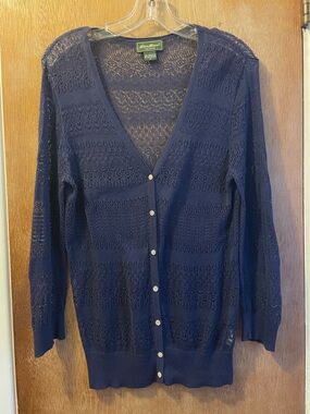 Eddie Bauer Navy Openwork V-Neck Button Cardigan Pima Cotton Med